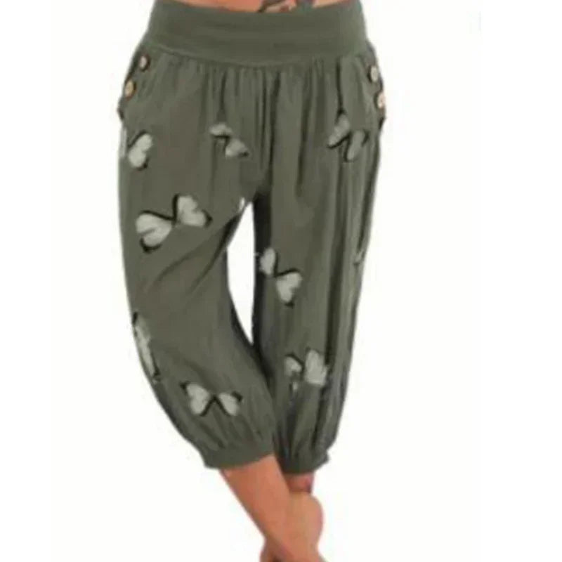 Women'S Plus Size 1XL-8XL Butterfly Capri Pants Comfy Stretch Waistband