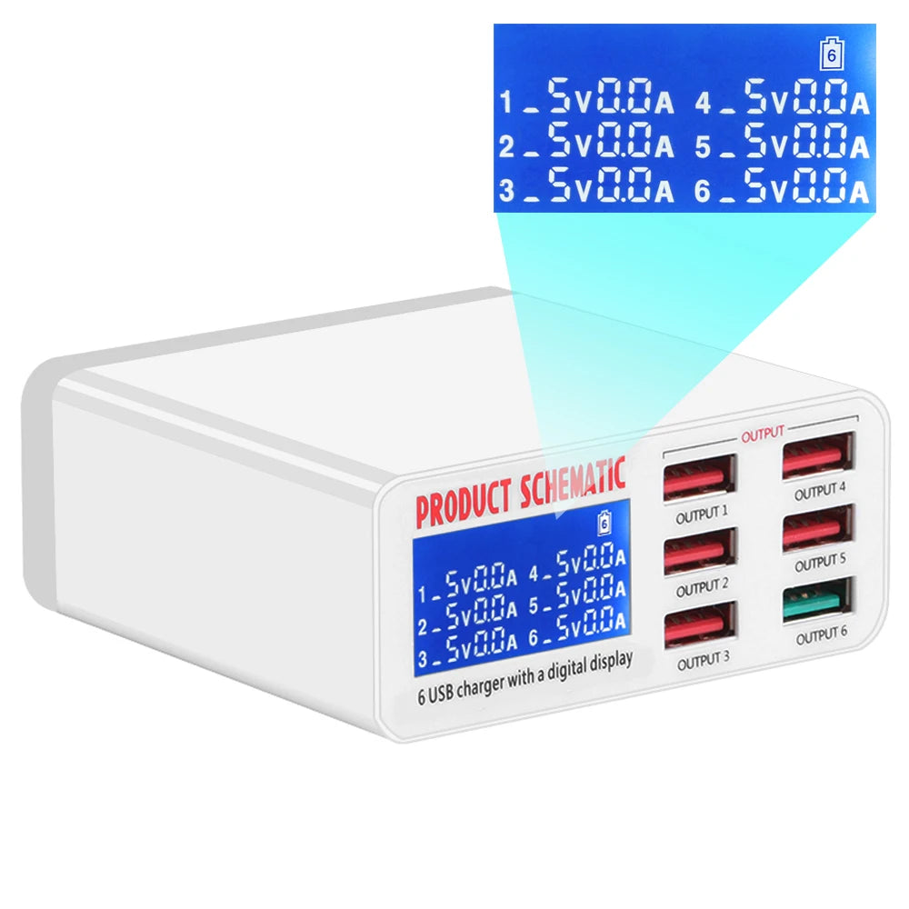 6-Port USB Charger Hub Fast Charging Station With LED Display Screen For