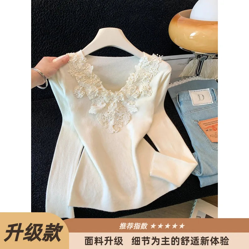 Heavy Embroidery Lace Beaded Knitwear V-Neck Long Sleeve Women's Fashion Slim Fit Base Shirt Autumn Season Polyester Fiber