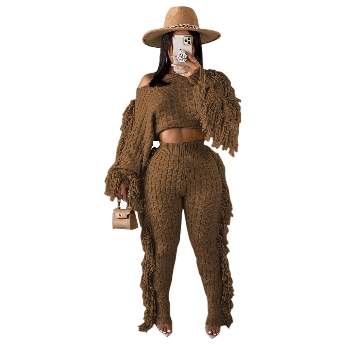 Women Sweater Knitted Pants Suit Knitting 2 Piece Set Pullover Top Trousers Ensemble Tassels Knitwear Outfits 2025 Autumn Winter