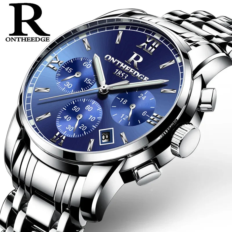 ONTHEEDGE Mens Watches Top Brand Luxury Business Quartz Watch Men All Steel Blue Face Waterproof Chronograph Relogio Masculino