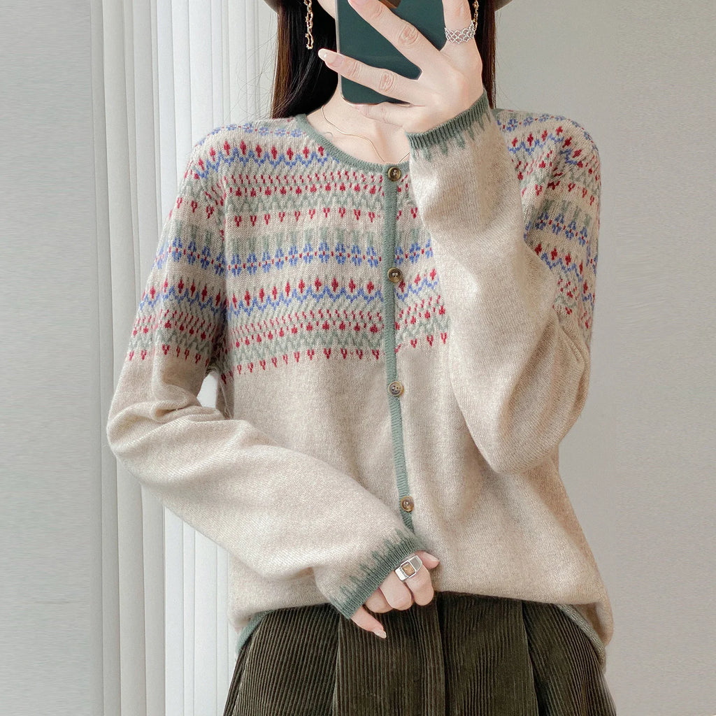 Round Neck Vintage Jacquard mercerized 100% Wool Sweater  Cardigan Women's Loose Long-sleeved Knitted Coat Women's sweater