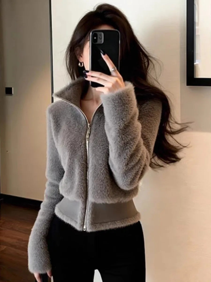 Fashionable Early Winter Jacket Elegant Grey Fur Trim Waist-Cinching Short Coat Velvet Material Long Sleeve Women's Outerwear