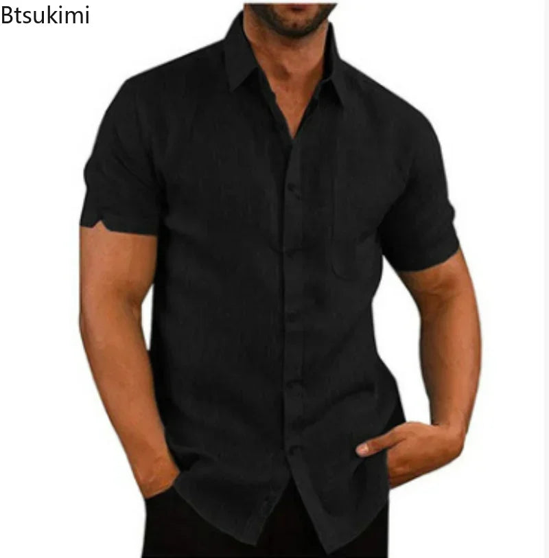 2026 Men's Summer Casual Short Sleeved Shirt Solid Button Up Shirts Male Streetwear Trun-Down Collar Slim Fit T-Shirts for Men