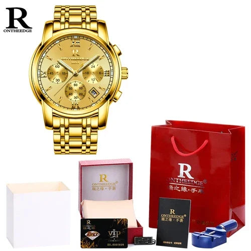 ONTHEEDGE Mens Watches Top Brand Luxury Business Quartz Watch Men All Steel Blue Face Waterproof Chronograph Relogio Masculino