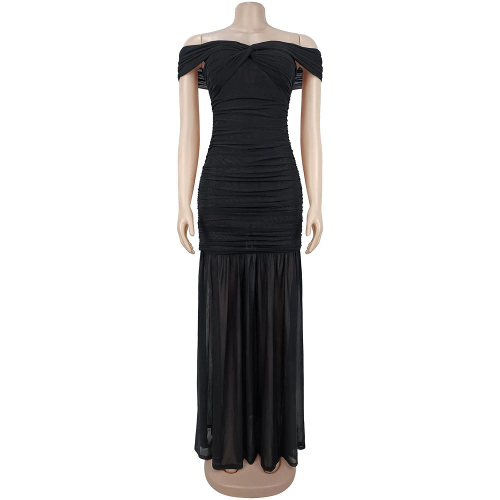 Dresses For Woman Off Shoulder Ruched Cinched Waist Evening Party Mesh