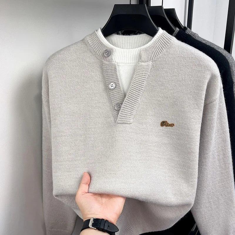 Fashion Men‘s Long-Sleeved Sweater Knitwear Button False Two-Piece Color Blocking Pullover Classic Leisure Hot-Selling for Men