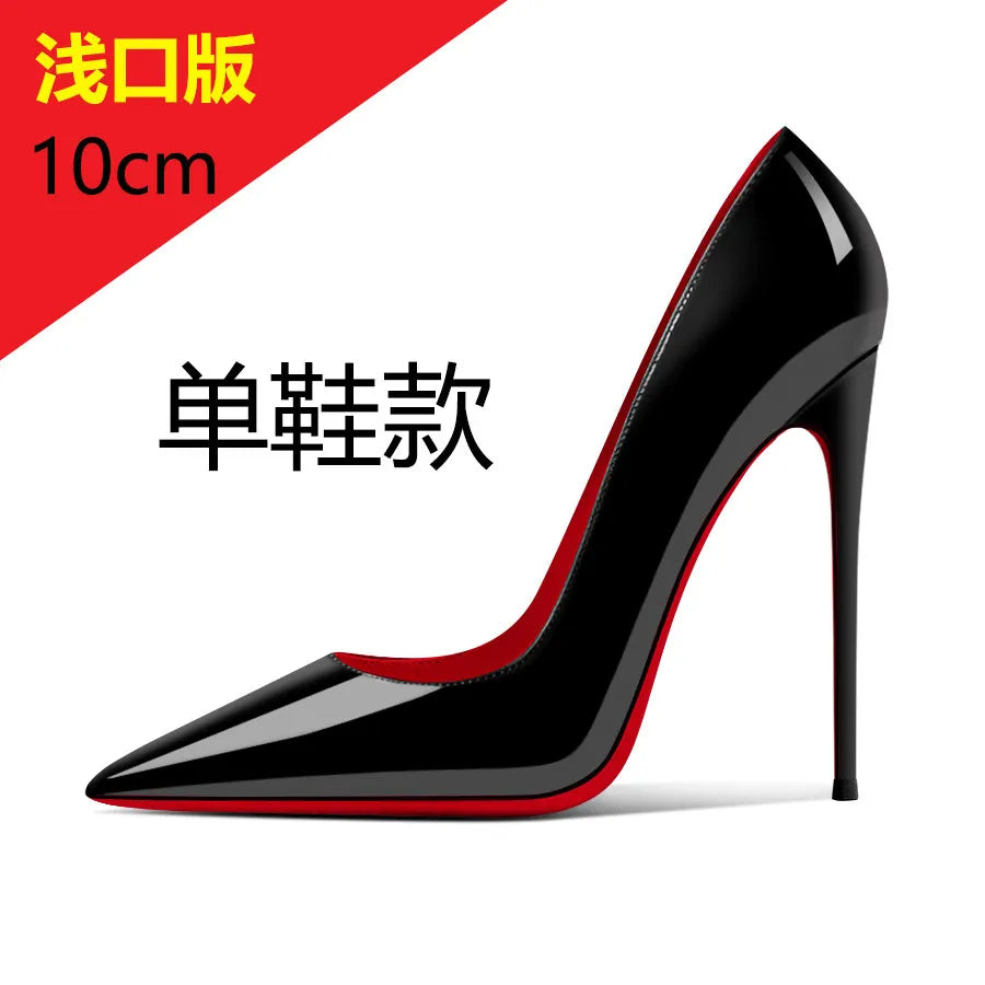 Patent leather 12cm black high heels, ultra-shallow opening, thin heel, sexy pointed toe, large size, single shoes, women's