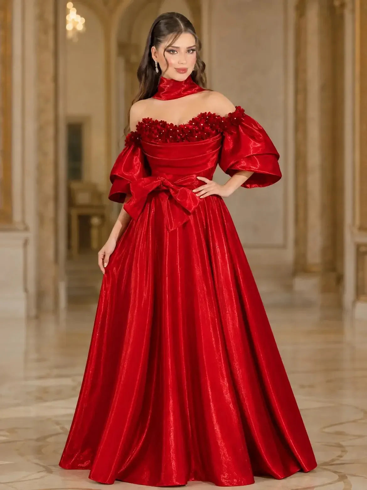 Red Off Shoulder Shiny Satin Evening Gown 3D Floral Puff Sleeve Big Bow