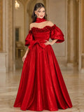 Red Off Shoulder Shiny Satin Evening Gown 3D Floral Puff Sleeve Big Bow