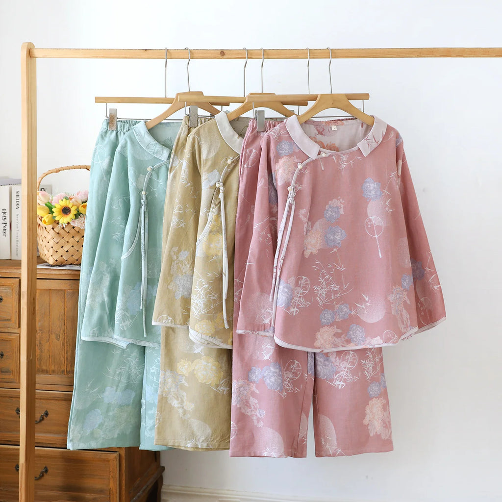 Knitted Suits Sleepwear Women Pajama Autumn Two Piece Night Wear For Ladies Sleepwear Pure Cotton Long Sleeve Pyjama-Sets