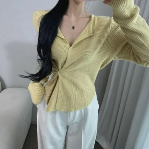 Women's Knitted Sweater 2025 New Style Versatile Simple  Cream Yellow Trendy Two-Way Wear Thin Top Commute Style Long Sl...