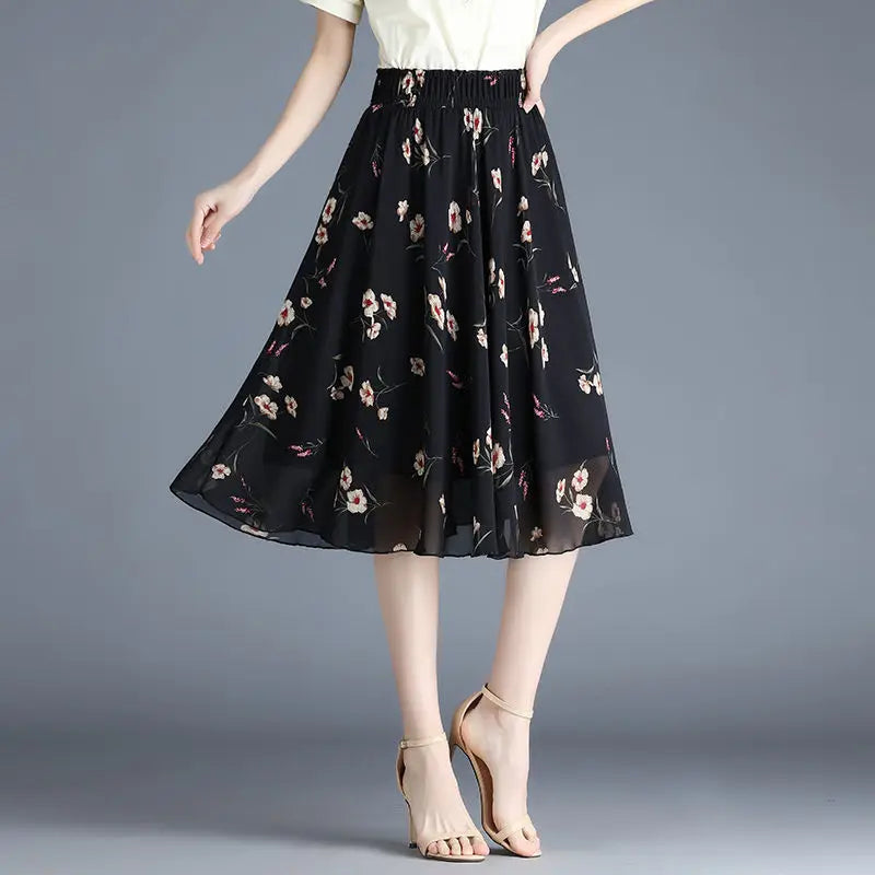 Female Skirts Floral To Knees Length Women'S Skirt Chiffon Vintage Cheap