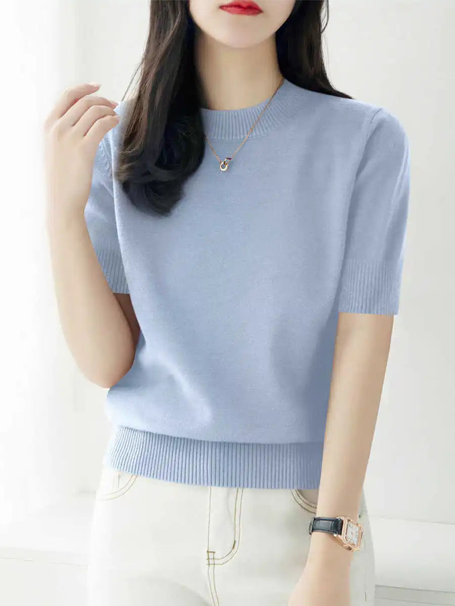 Knitwears New O-Neck Black Knitted Sweater Women Pullovers Short Sleeve Knit Sweater Pullover Women Tops Sueters De Mujer Q3104