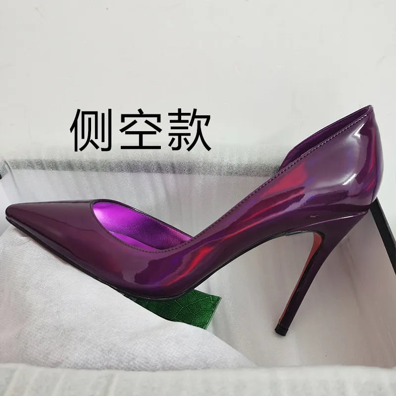 Patent leather 12cm black high heels, ultra-shallow opening, thin heel, sexy pointed toe, large size, single shoes, women's
