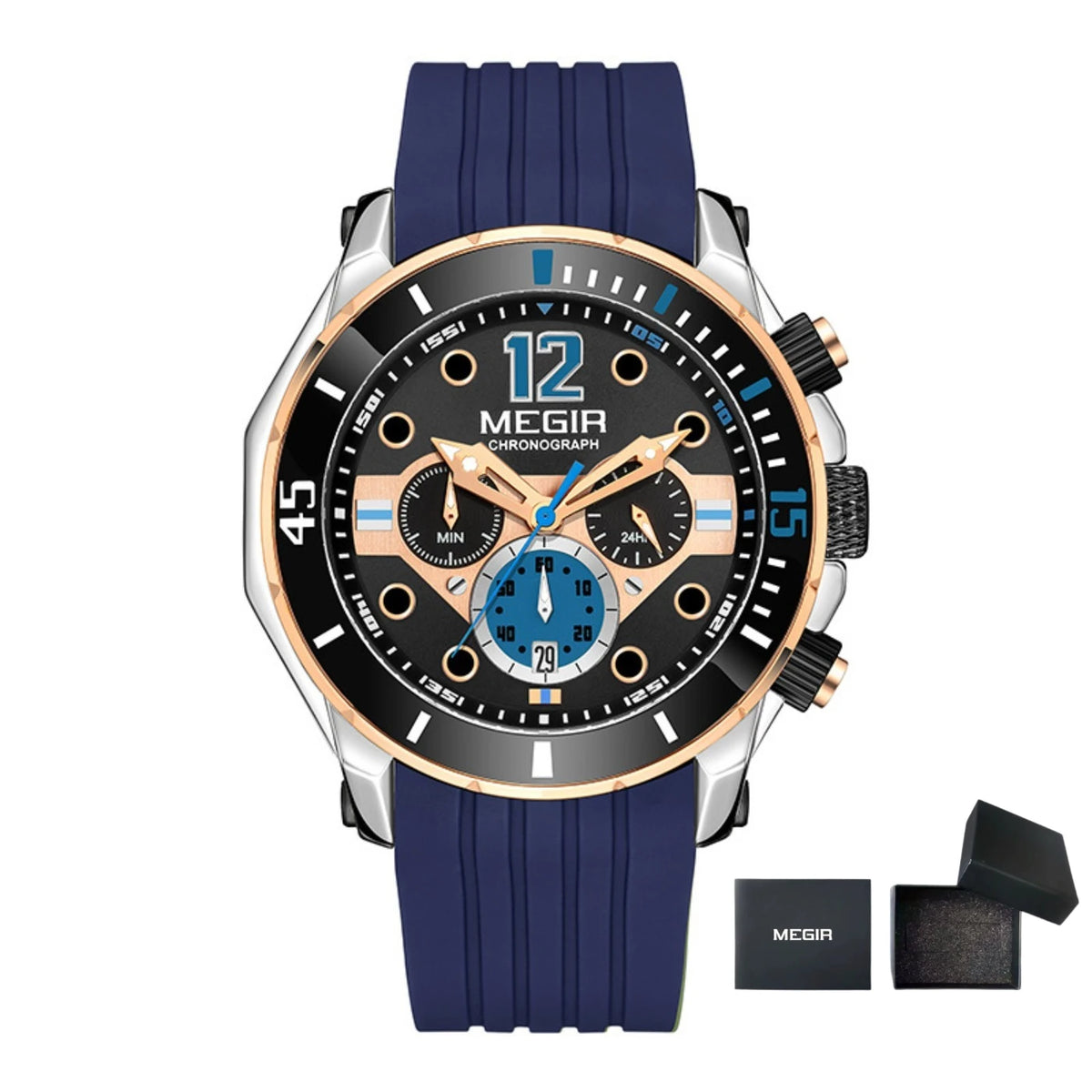 MEGIR Chronograph Watches for Men Fashion Military Sport Silicone Strap Wristwatch with Auto Date Waterproof Quartz Watch Часы