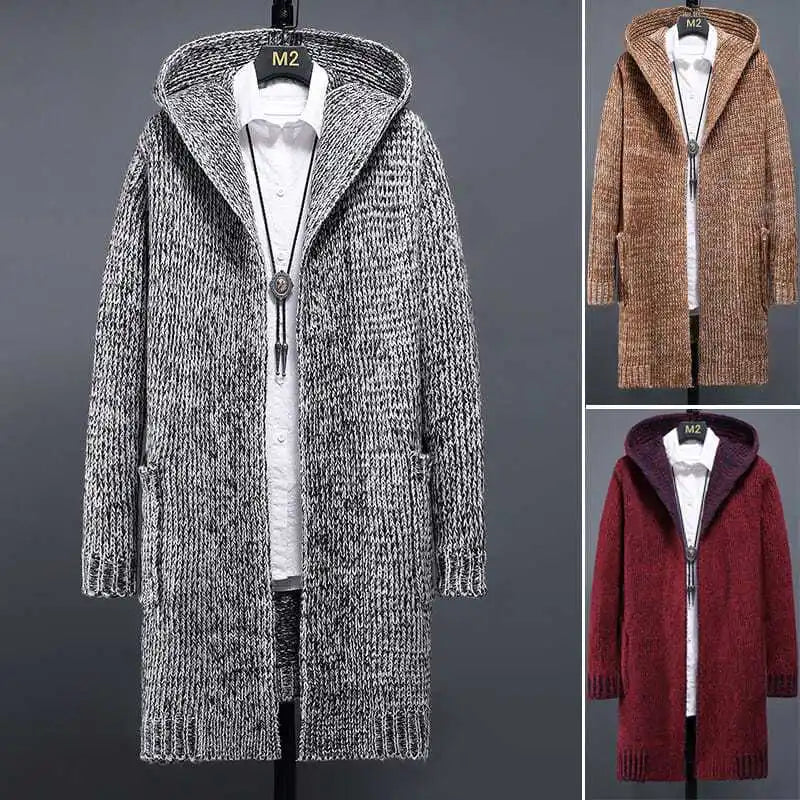 Winter New Fashion 2025 Men's Casual Trendy Long Sleeve Thicken Hooded Knitted Long Coats Male Sweater Cardigan Clothes Tops