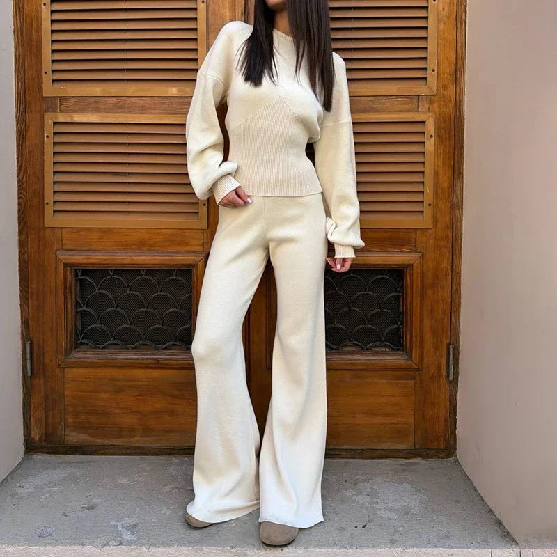 Women Knitwear 2-Piece Set Solid Crew Neck Long Sleeve Slim Waist Ribbed Sweater Top High Waist Wide Leg Pants Casual Set