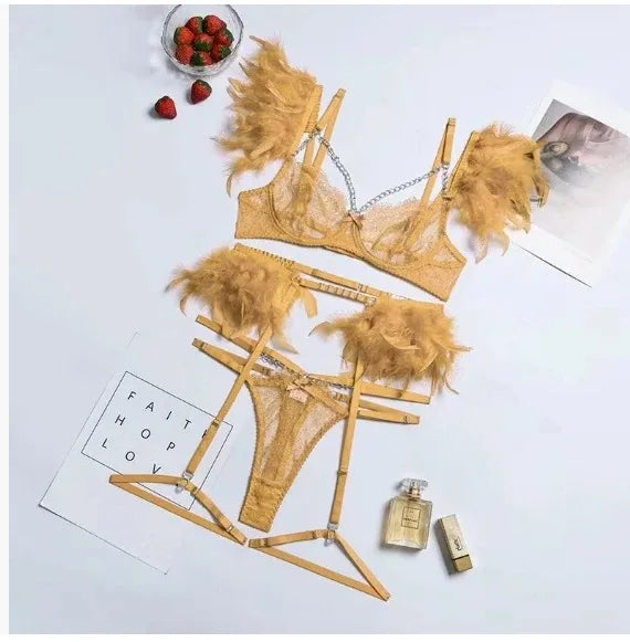 POPEYE Woman Bra Underwear 3 Pieces Erotic Lace Embroidery Feather