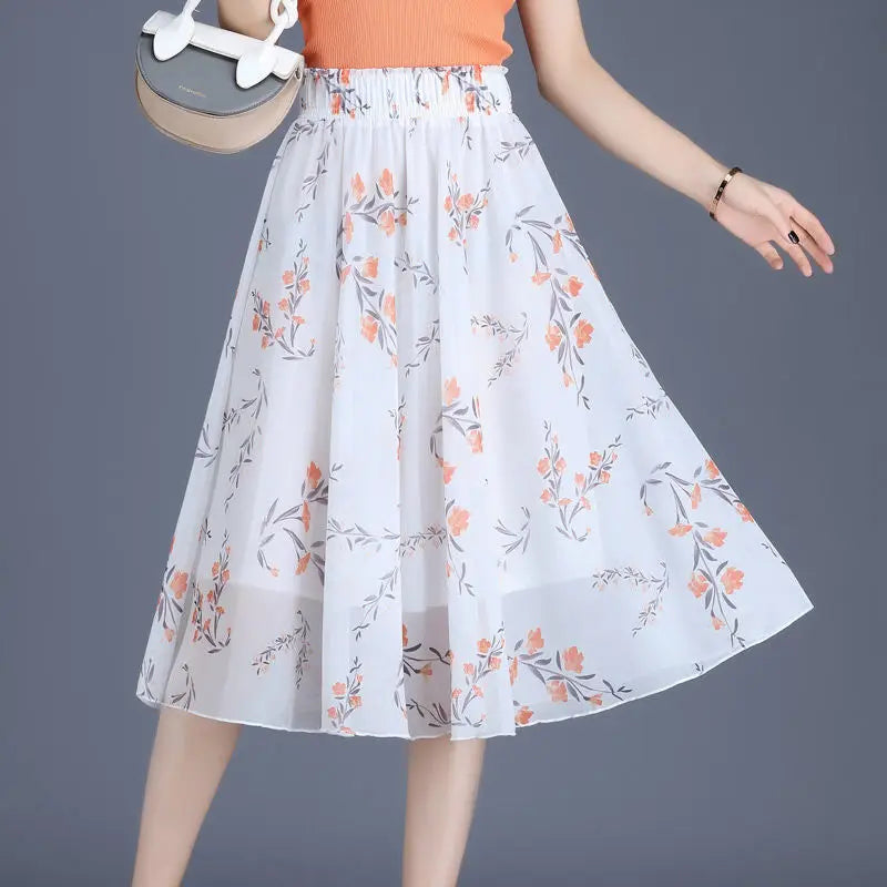 Female Skirts Floral To Knees Length Women'S Skirt Chiffon Vintage Cheap