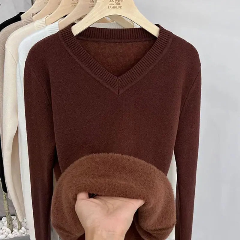 Thickened Fleece V-Neck Long Sleeve Women's Knitwear Autumn Winter Warm Soft Mink Velvet Slim Fit Crew Neck Pullover Top