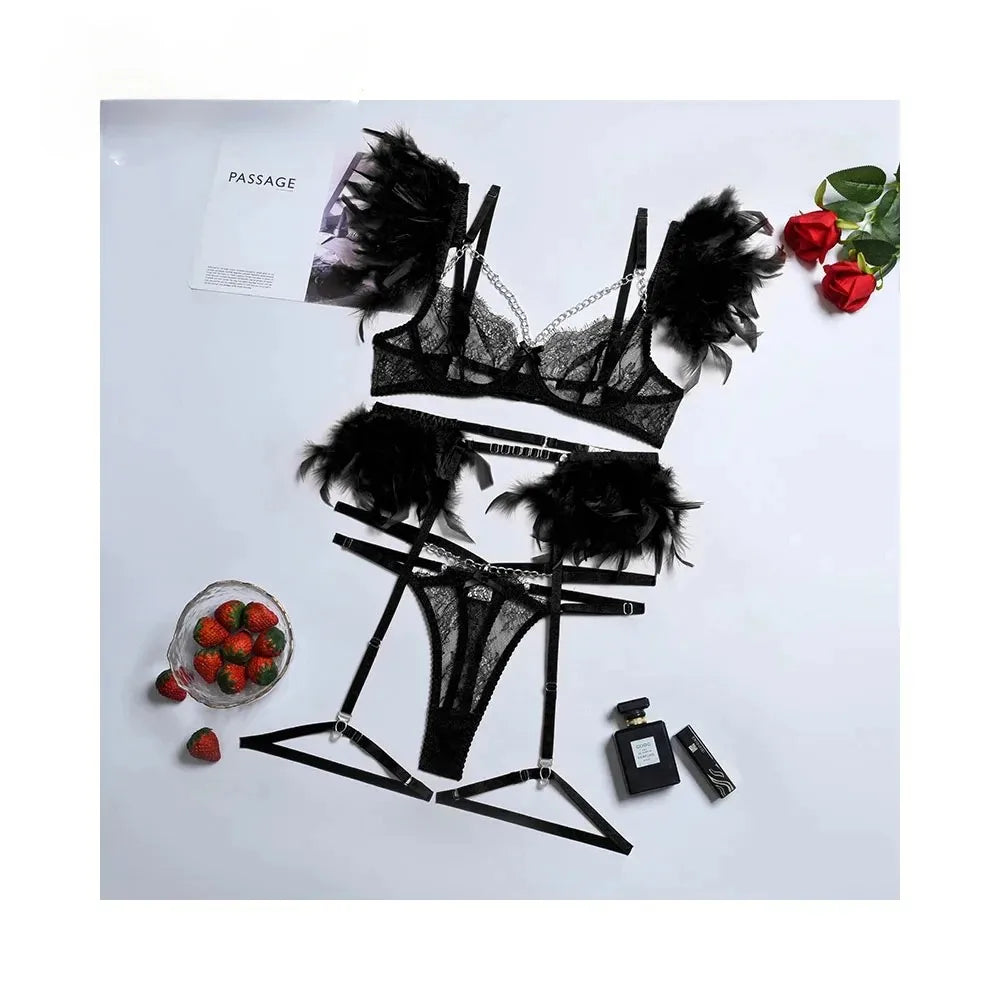 POPEYE Woman Bra Underwear 3 Pieces Erotic Lace Embroidery Feather
