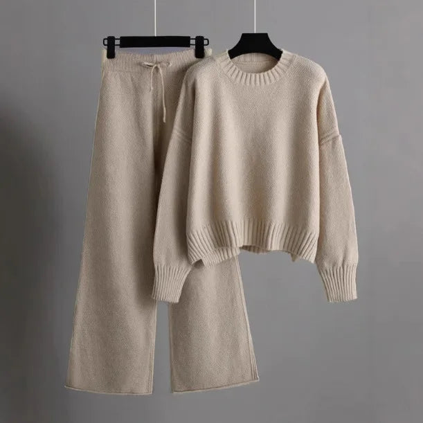 Knitted Drape Wide Leg Pant Suit Two Piece Sets knitwear Winter Thick Warm Sweater Tracksuits casual Women sweater