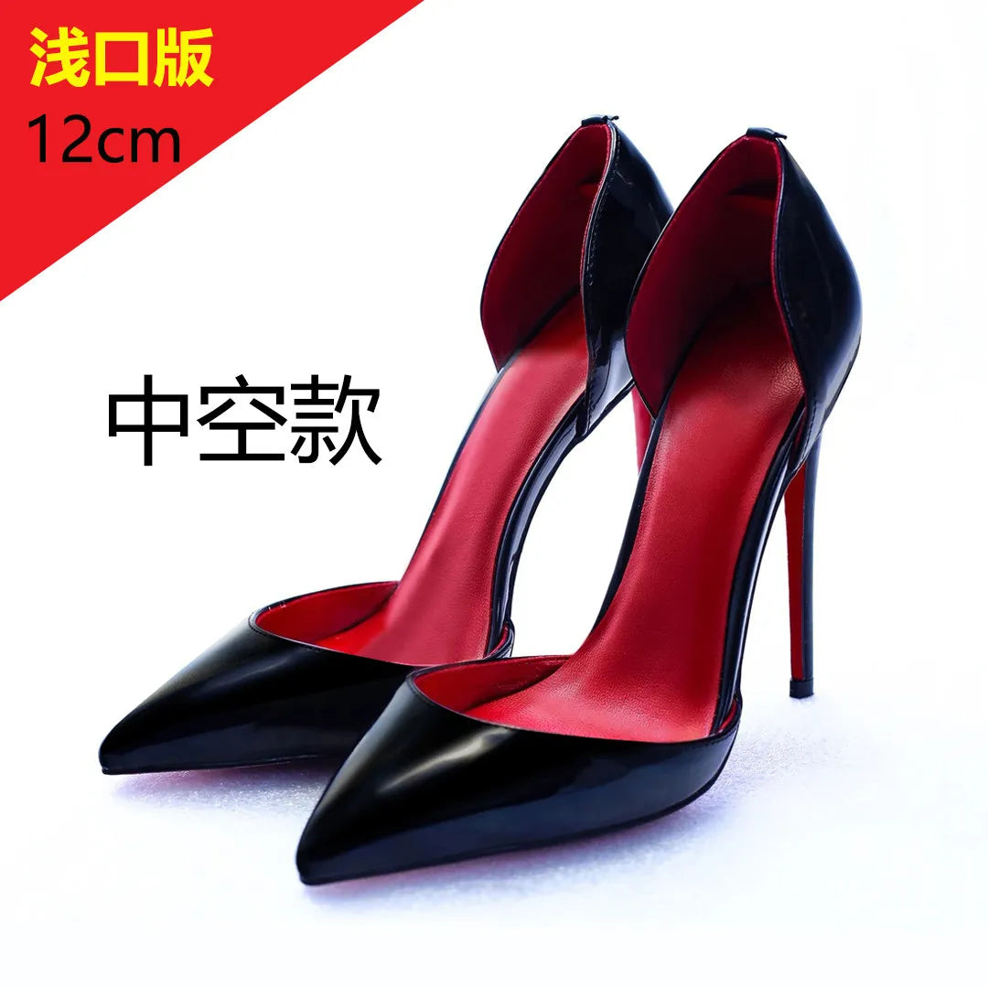 Patent leather 12cm black high heels, ultra-shallow opening, thin heel, sexy pointed toe, large size, single shoes, women's
