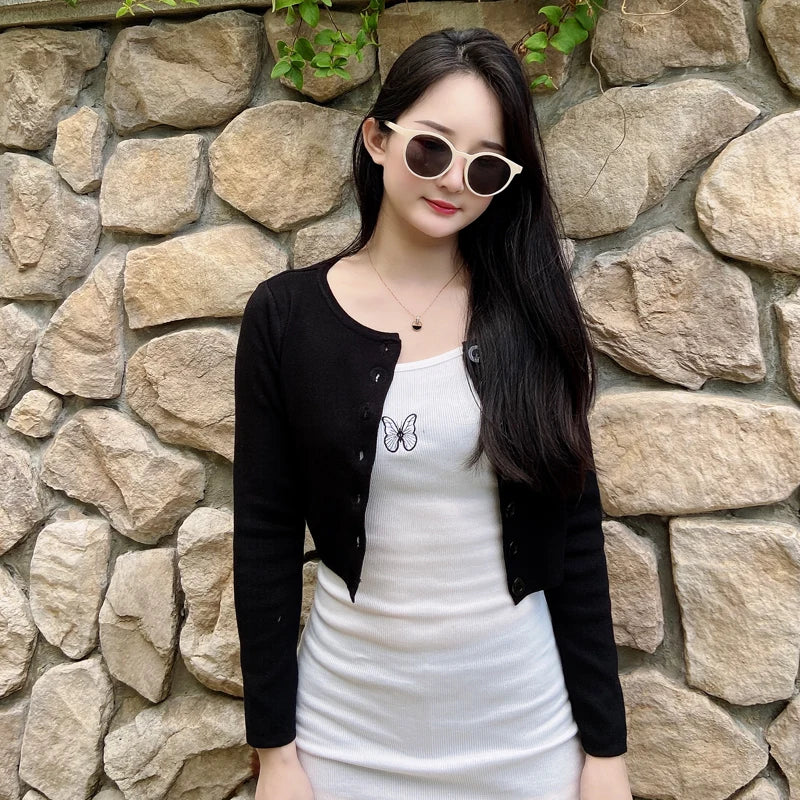 Knitted Ladies Sweaters Outerwear Black Blouses Clothing Crochet Top Jersey Cropped Tricot Korean Fashion Style Cardigan Female