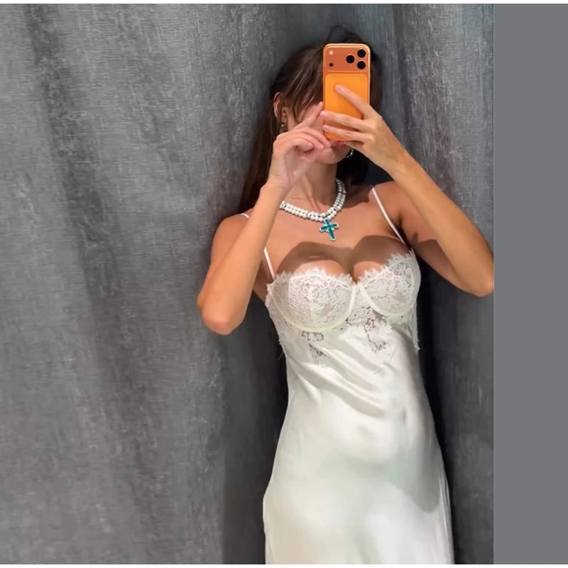 Sexy Satin Sling Long Dress Women Backless Sleeveless High Waist Lace Patchwork Loose Robe Female 2026 Summer Chic Solid Dresses
