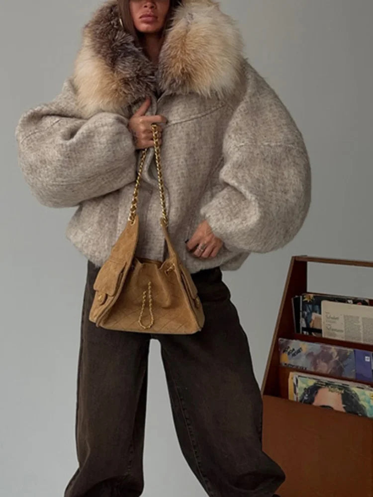 Winter Fashion Faux Fur Collar Woolen Coat Women Vintage Thick Hooded Long Sleeve Oversized Warm Jacket New Lady High Streetwear
