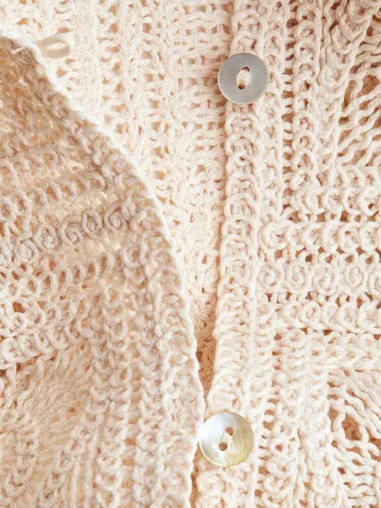 Knit Hollow Out 2 Piece Sets Woman Outfit Elegant Crochet Single-breasted Lapel Top High Waist Shorts Lady Suit Commuting J5VX