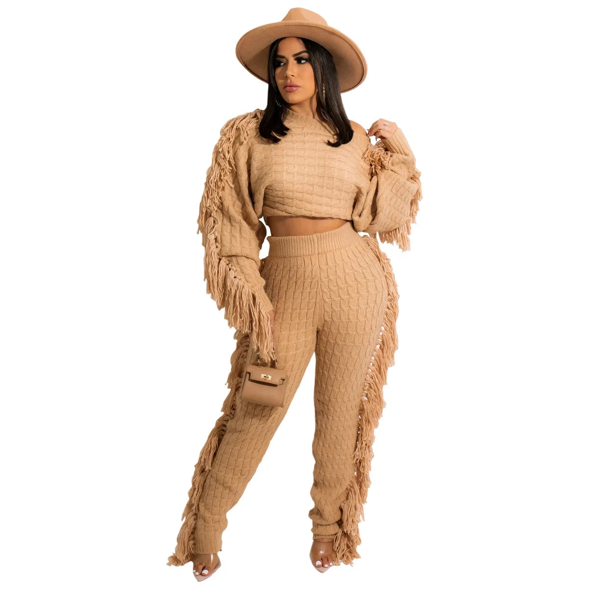 Women Sweater Knitted Pants Suit Knitting 2 Piece Set Pullover Top Trousers Ensemble Tassels Knitwear Outfits 2025 Autumn Winter