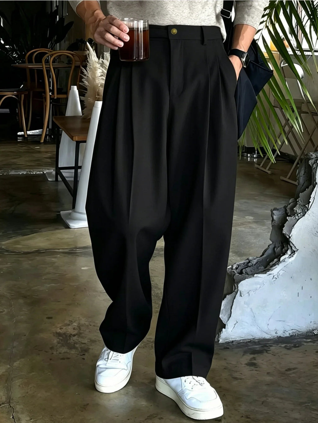 Classic solid color trousers with a versatile drape, men's business casual pants with active pleats, men's wide-leg pants, K-pop