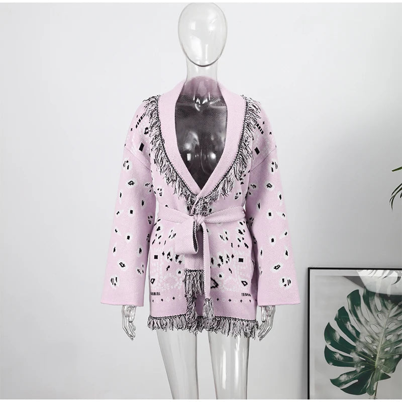 Tassel Patchwork Printed Cardigan Women Geometric Patterns Belts V-neck Long Sleeve Knitted Street Lady Sweater 2025 Autumn Coat