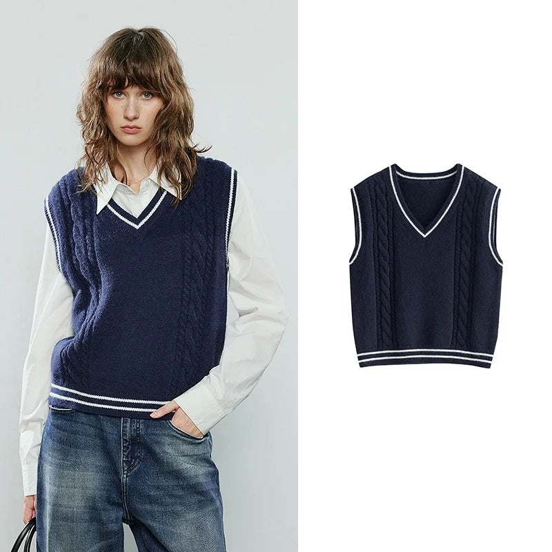 TOYOUTH Women Knitwear 2025 Winter New V-Neck Color-Block Weave Retro Cable Knit Vest Tops