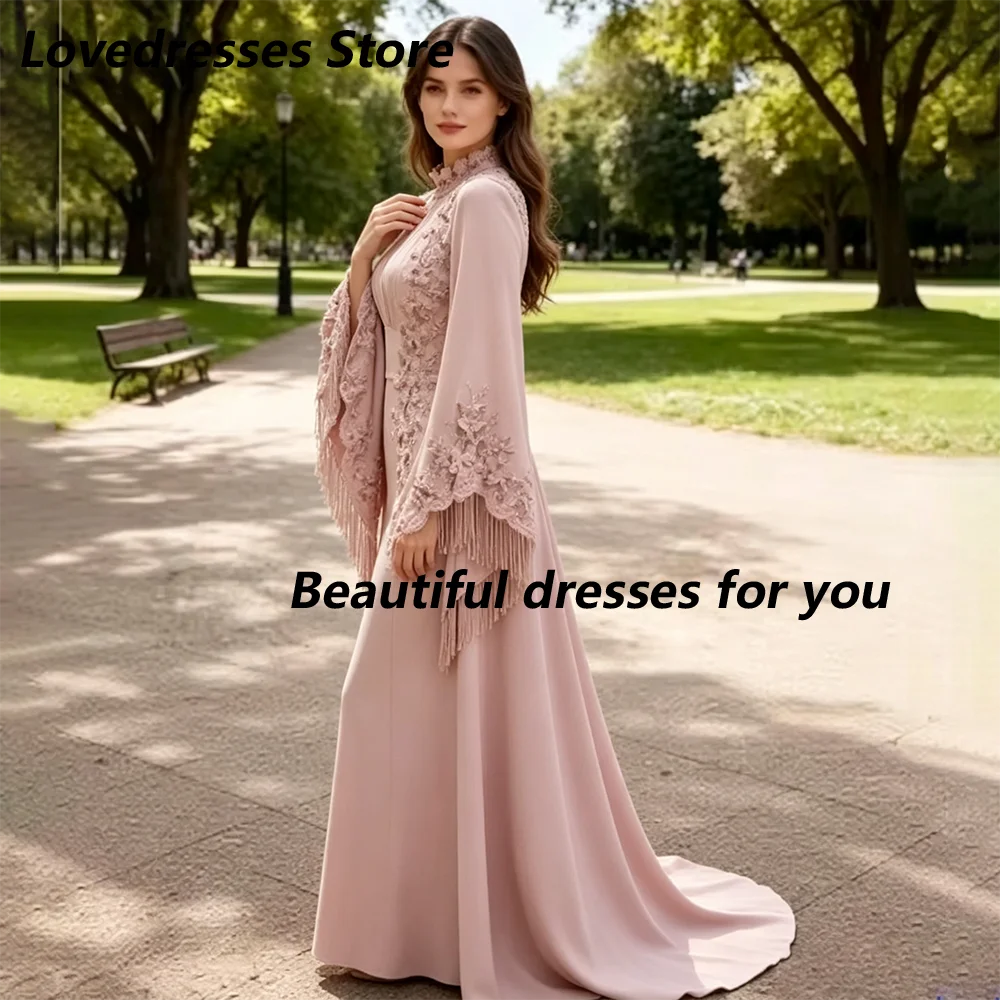 Customized Evening Dresses Dusty Pink High Neck Floral Applique Tassel