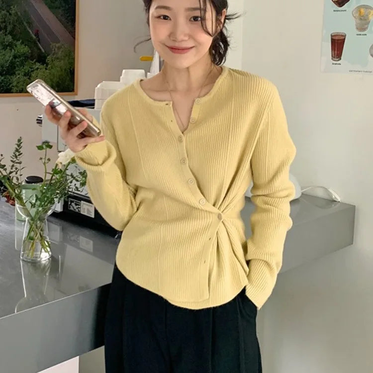 Women's Knitted Sweater 2025 New Style Versatile Simple  Cream Yellow Trendy Two-Way Wear Thin Top Commute Style Long Sl...