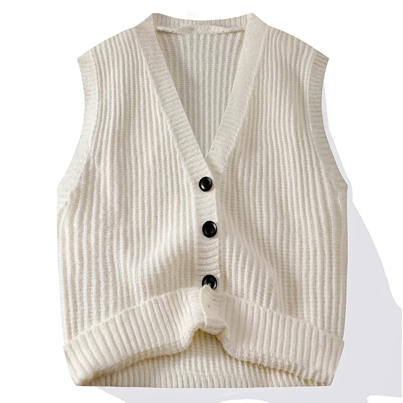 Chic Casual Sleeveless Vest Waistcoat Knitwear V Neck Fashion Loose Shirt Coat New Men Clothes Tops Knit Sweater Jacket Cardigan