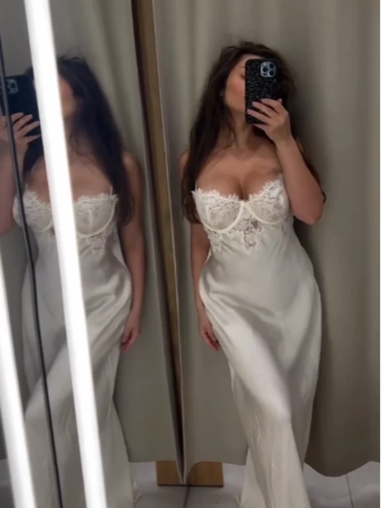 Sexy Satin Sling Long Dress Women Backless Sleeveless High Waist Lace Patchwork Loose Robe Female 2026 Summer Chic Solid Dresses