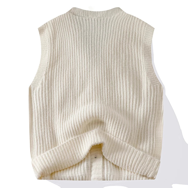 Chic Casual Sleeveless Vest Waistcoat Knitwear V Neck Fashion Loose Shirt Coat New Men Clothes Tops Knit Sweater Jacket Cardigan