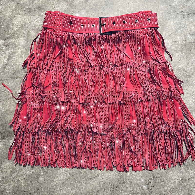 Women Skirt Autumn High Waist Belt Multi Layer Short Heavy Drilling