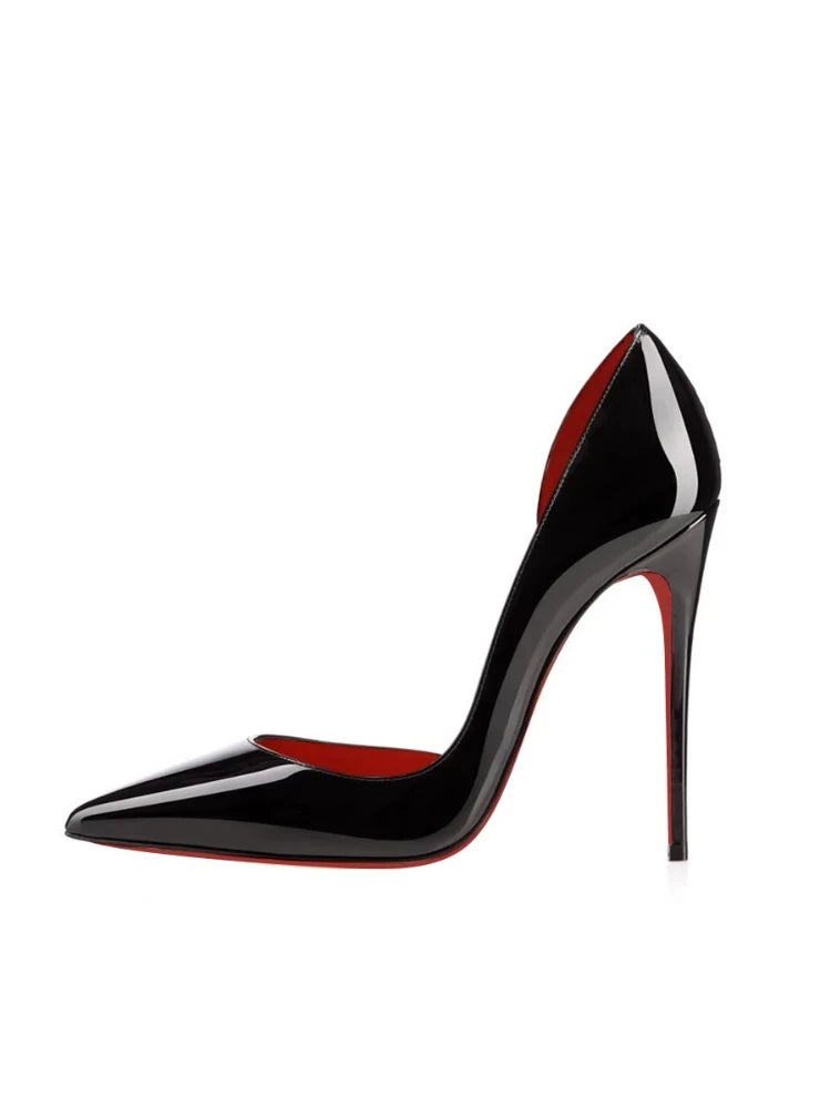 Patent leather 12cm black high heels, ultra-shallow opening, thin heel, sexy pointed toe, large size, single shoes, women's