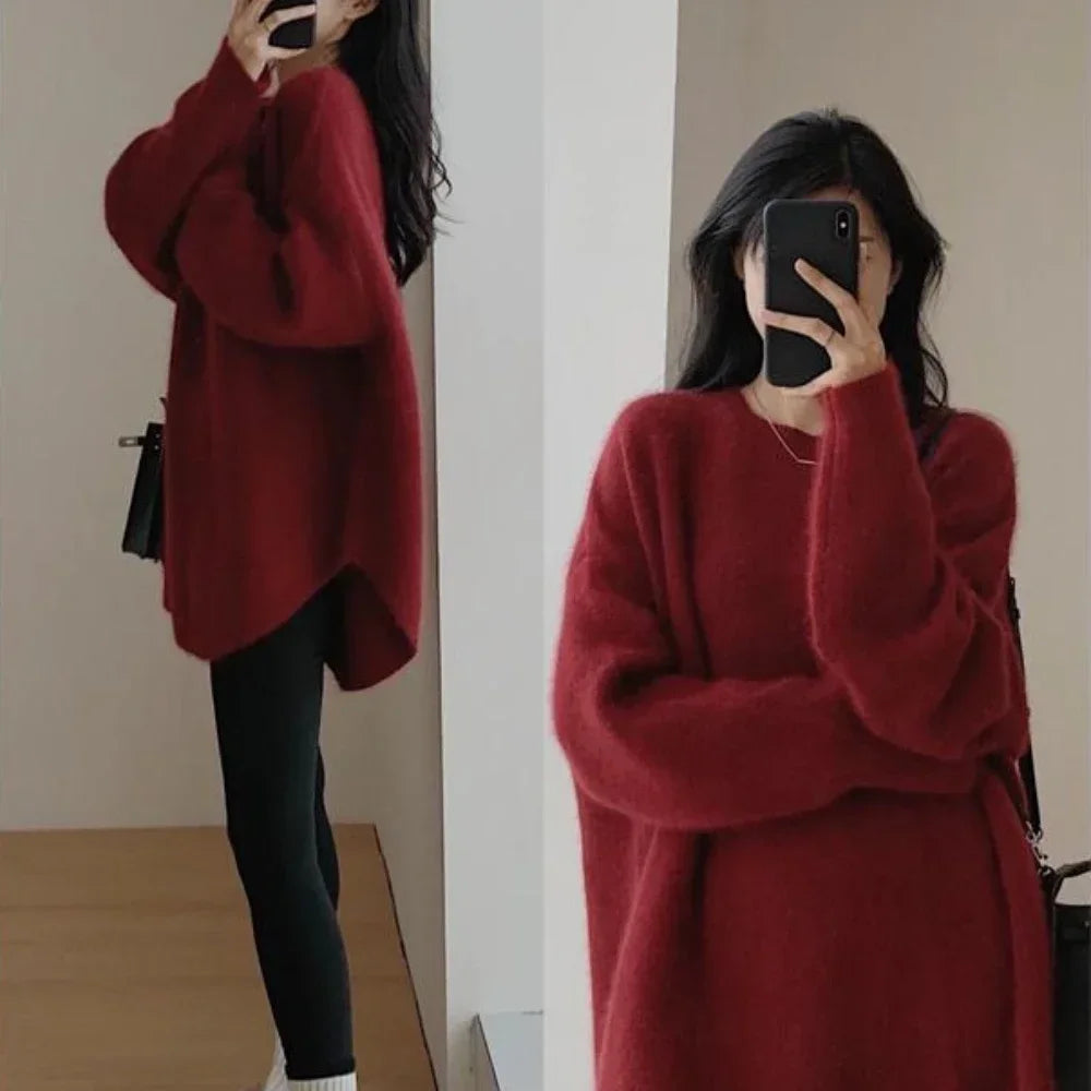 Knitted Top for Women Round O Neck Black Ladies Sweaters Red Long Pullovers Pink Streetwear Winter Thermal Blouse Warm Modern