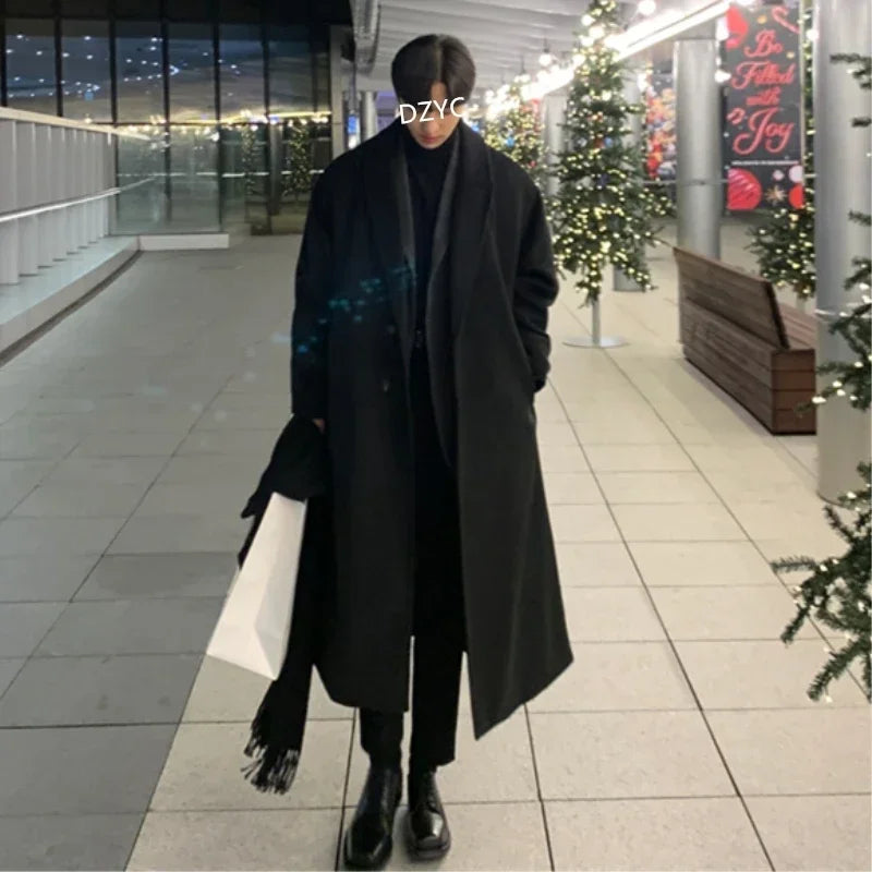 Korean Fashion Winter Jacket and Coat Men 2025 Mens Casual Thicken Wool Oversized Overcoat Male Streetwear Warm Belt Long Coats
