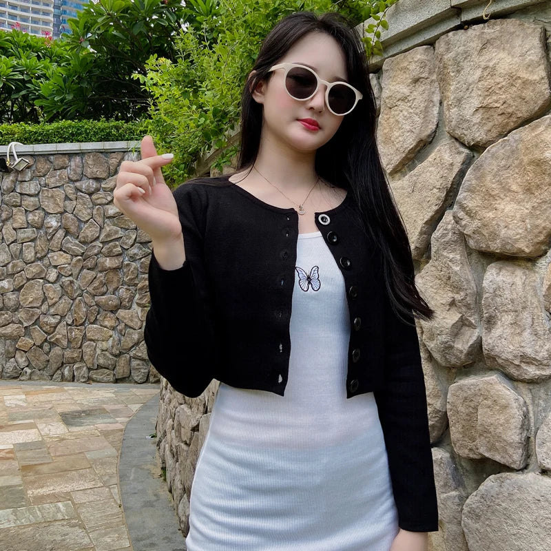 Knitted Ladies Sweaters Outerwear Black Blouses Clothing Crochet Top Jersey Cropped Tricot Korean Fashion Style Cardigan Female