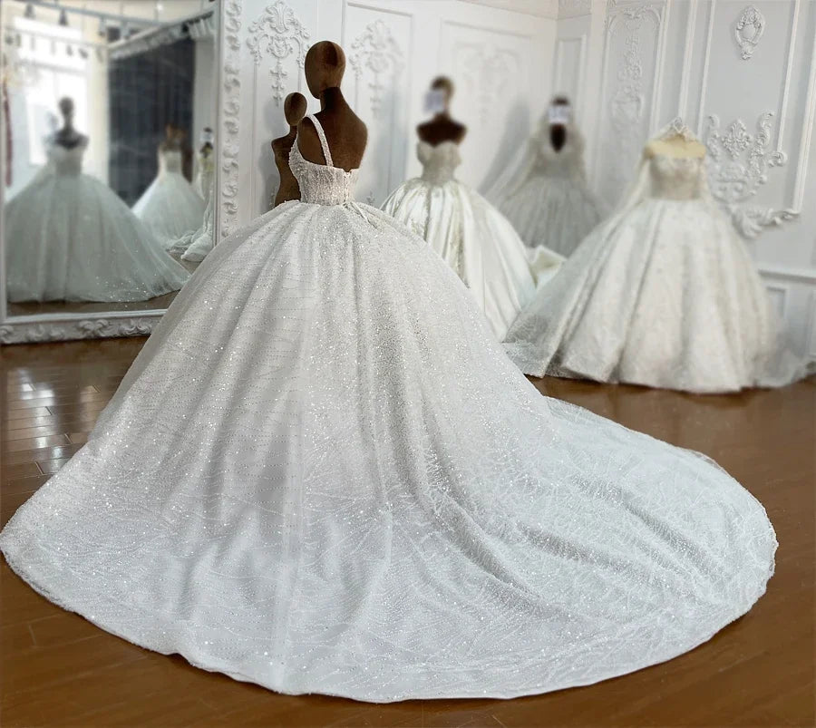 Customized Straps Ball Gown Pearls Beading Princess Wedding Dress