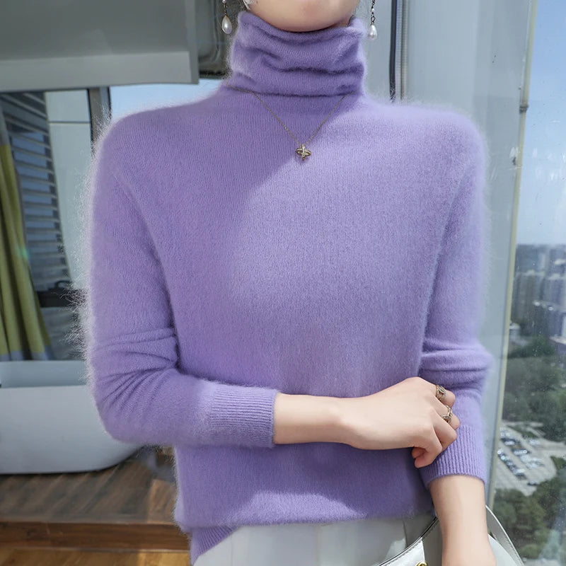 100% Pure Mink Cashmere Knitted Pullovers Women High-Neck Loose Large-size Sweater Casual Warm Tops Autumn and Winter Base Shirt