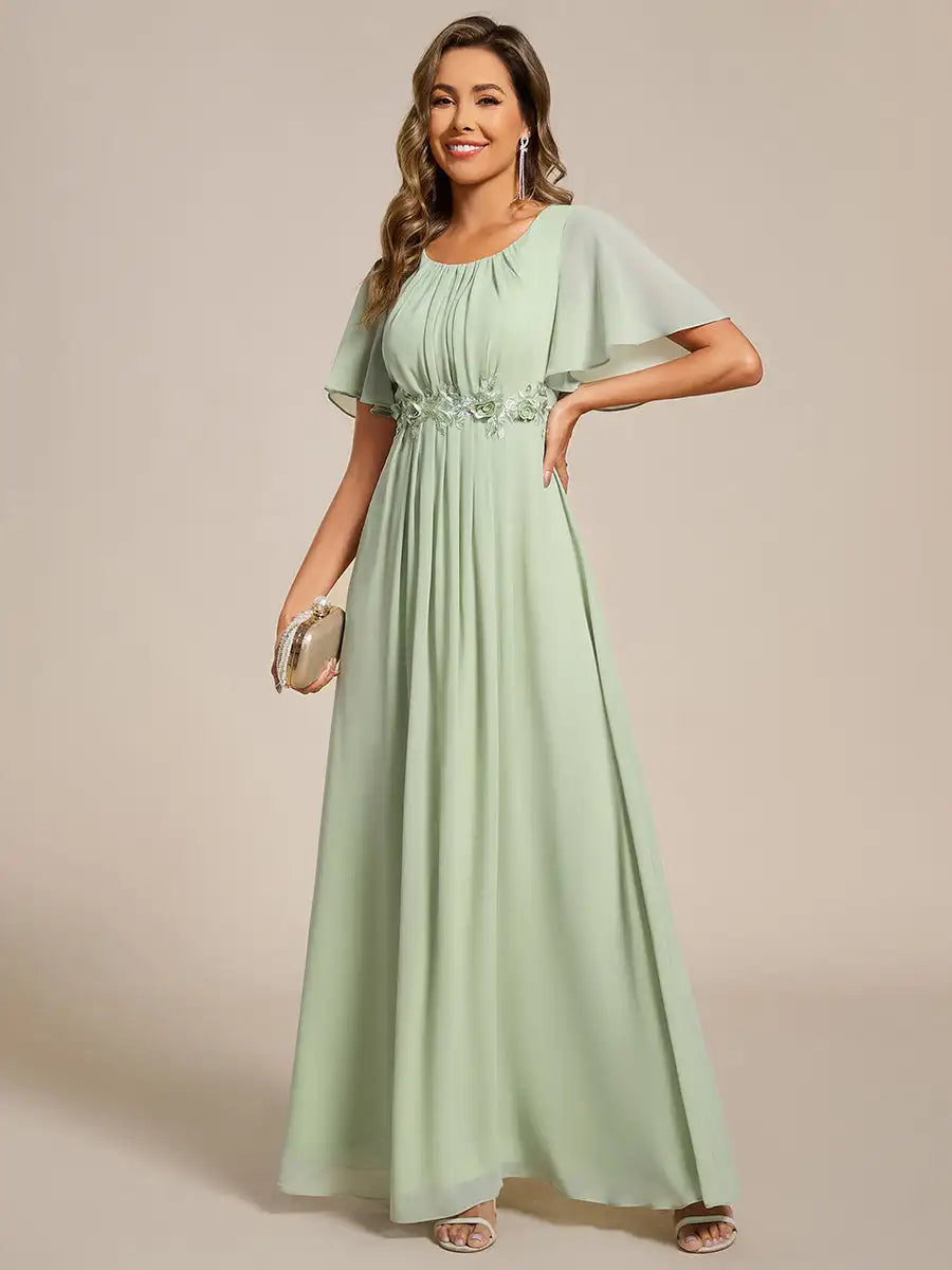 Evening Dresses Short Sleeves Pleated Applique Floor-Length Ever Pretty