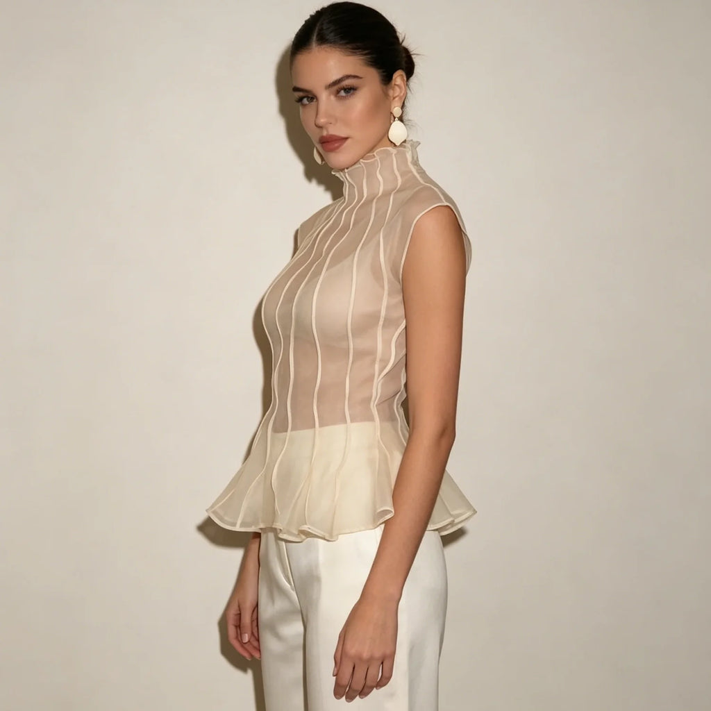 LIMO Women Sheer Organza Blouse Sleeveless High Neck Ruffle Peplum Top